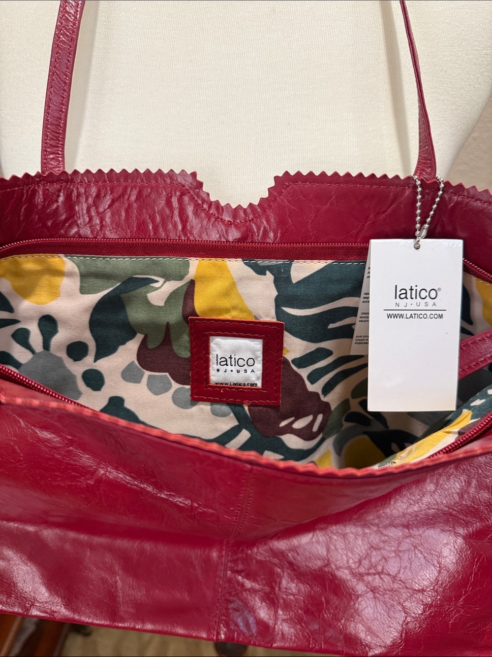 latico Red Leather Shoulder Tote with Floral Lining
